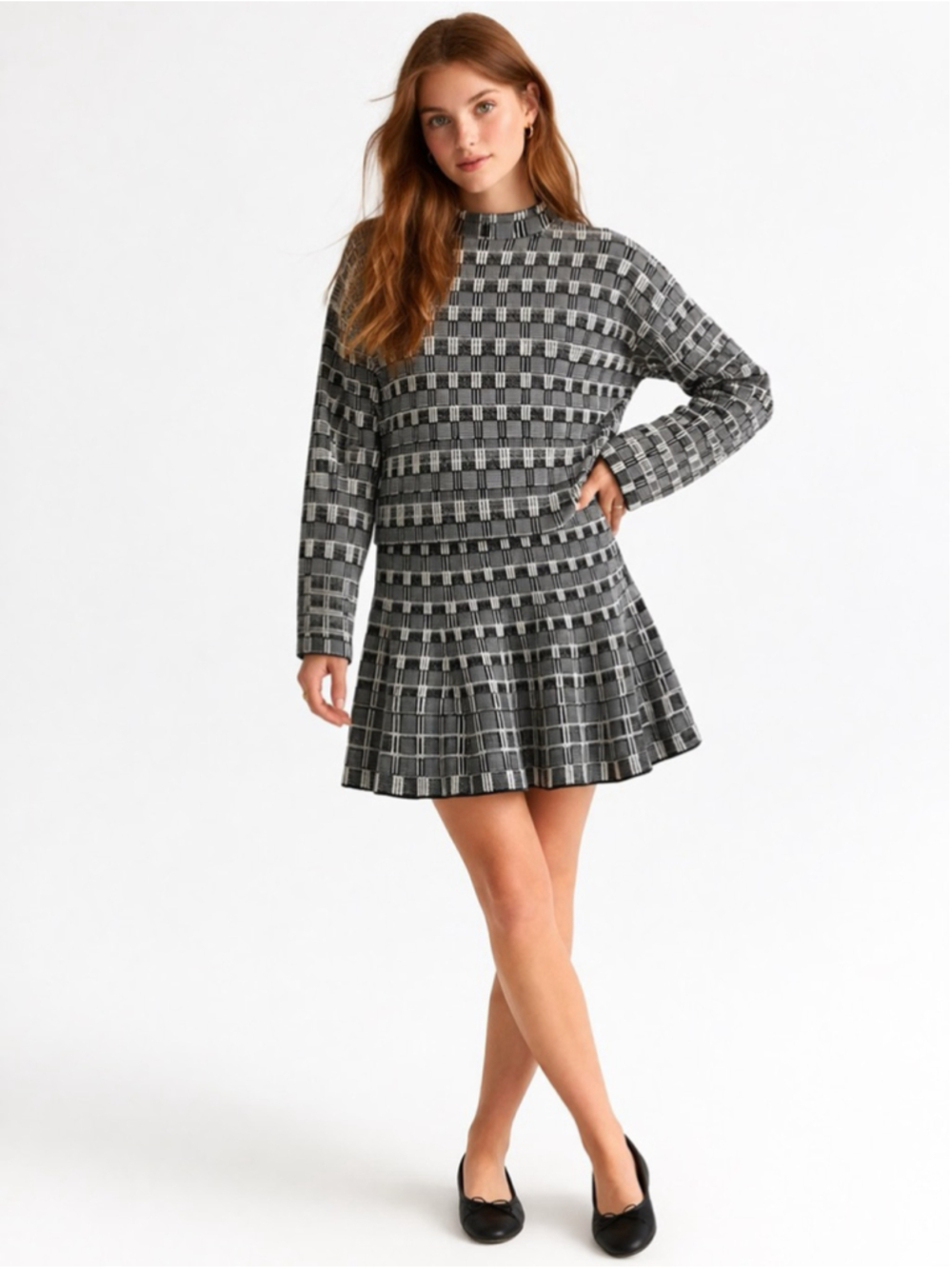 Elie Tahari Black Grey White Plaid Knit Mock Neck Skirt Set S NWT
